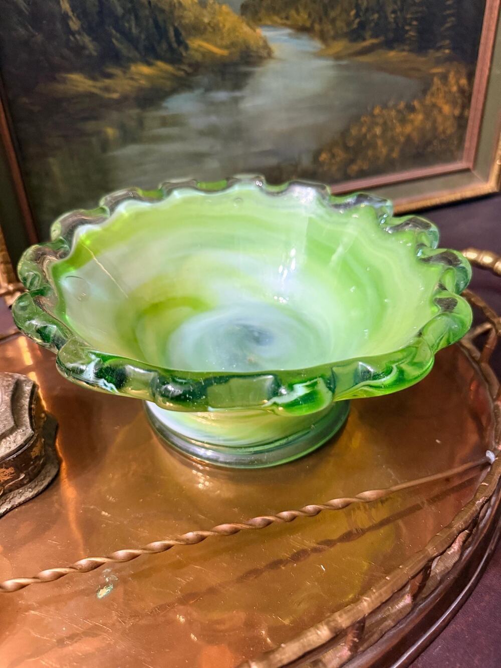 Vintage Green Slag Art Glass Pedestal Bowl, Vintage Handblown Glass Centerpiece
